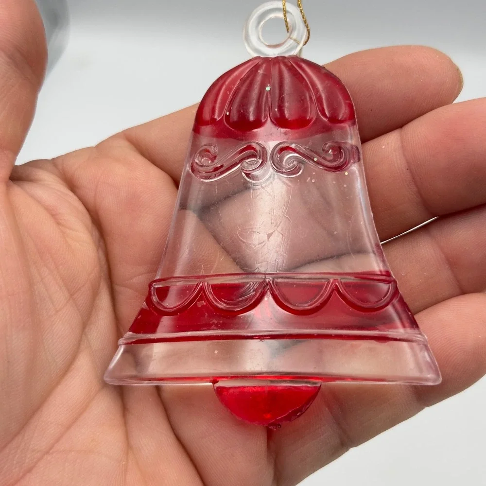 Vintage Clear Red Acrylic Christmas Ornaments Set 4 Santa‎ Snowman Bell Stocking